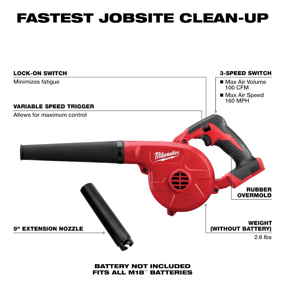 Milwaukee M18 18 Volt Lithium-Ion Cordless Compact Blower - Tool Only