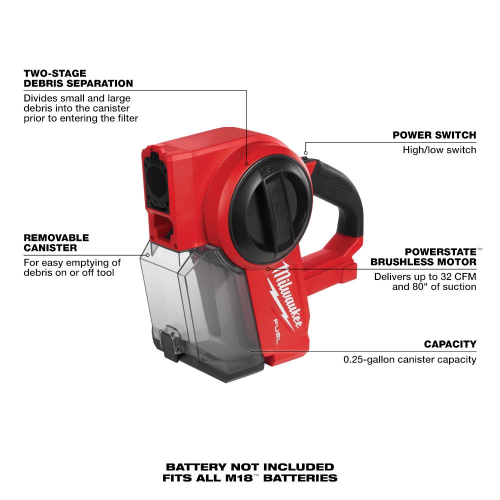Milwaukee M18 FUEL 18 Volt Lithium-Ion Brushless Cordless Compact Vacuum - Tool Only