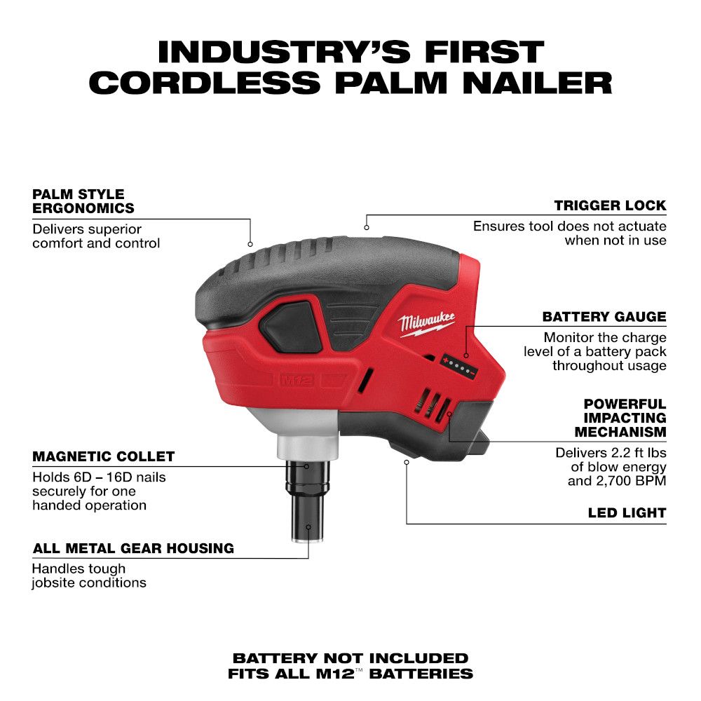 Milwaukee M12 12 Volt Lithium-Ion Cordless Cordless Lithium-Ion Palm Nailer - Tool Only