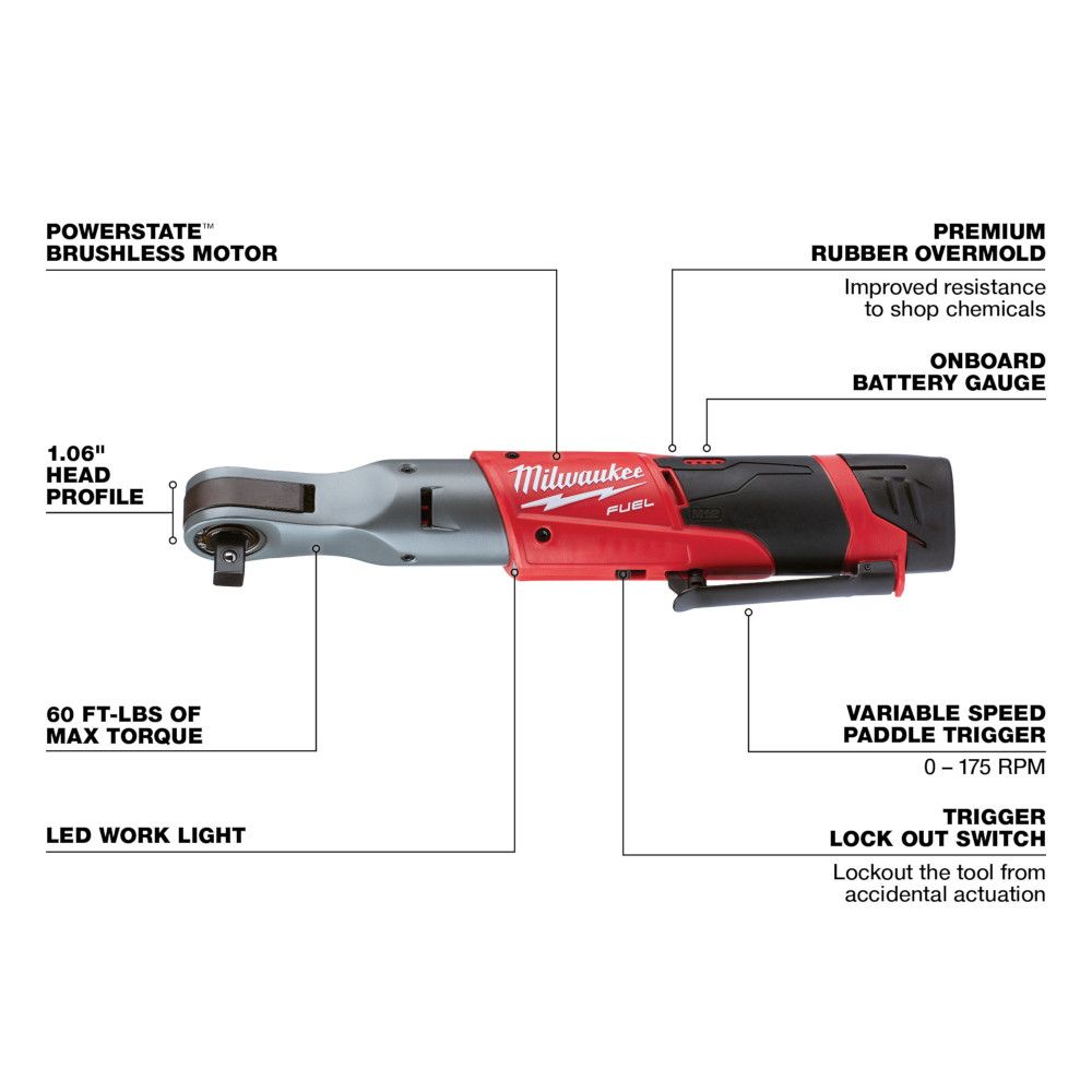 Milwaukee M12 FUEL 12 Volt Lithium-Ion Brushless Cordless 1/2" Ratchet Two Battery Kit