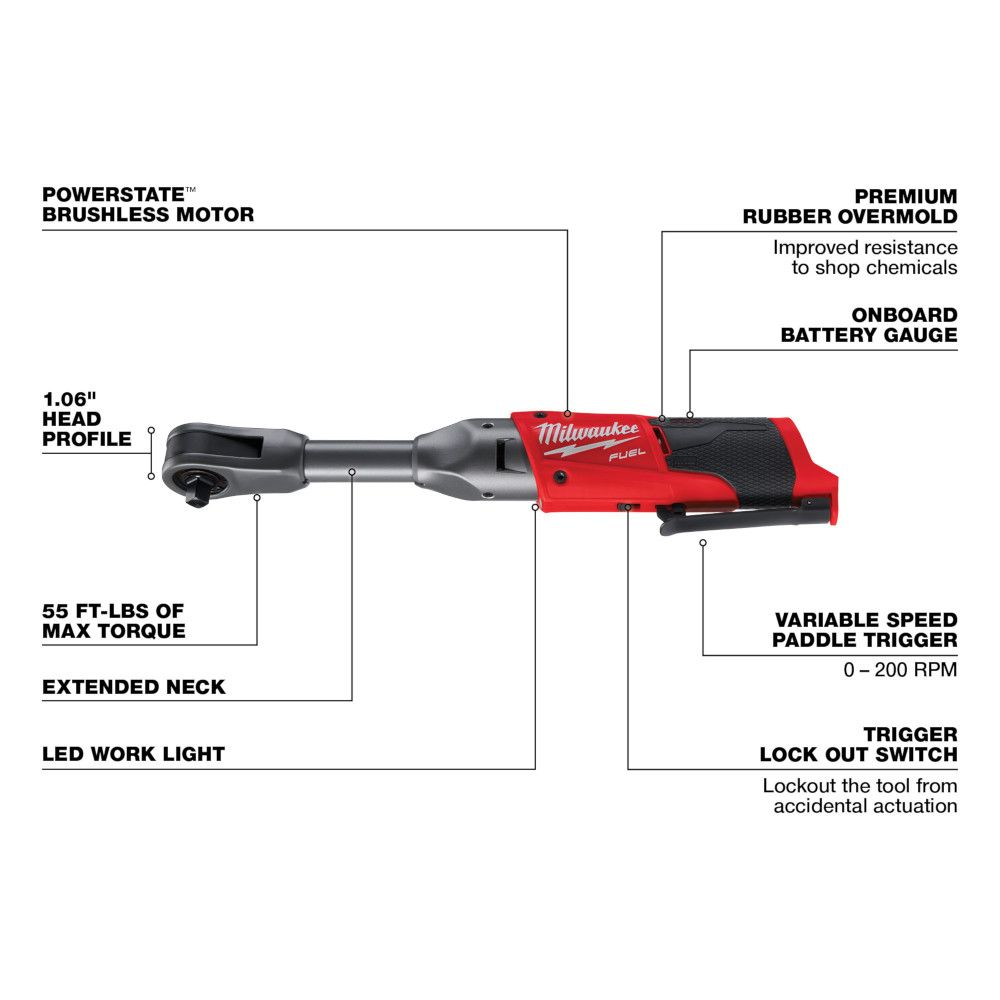 Milwaukee M12 FUEL 12 Volt Lithium-Ion Brushless Cordless 3/8 in. Extended Reach Ratchet - Tool Only