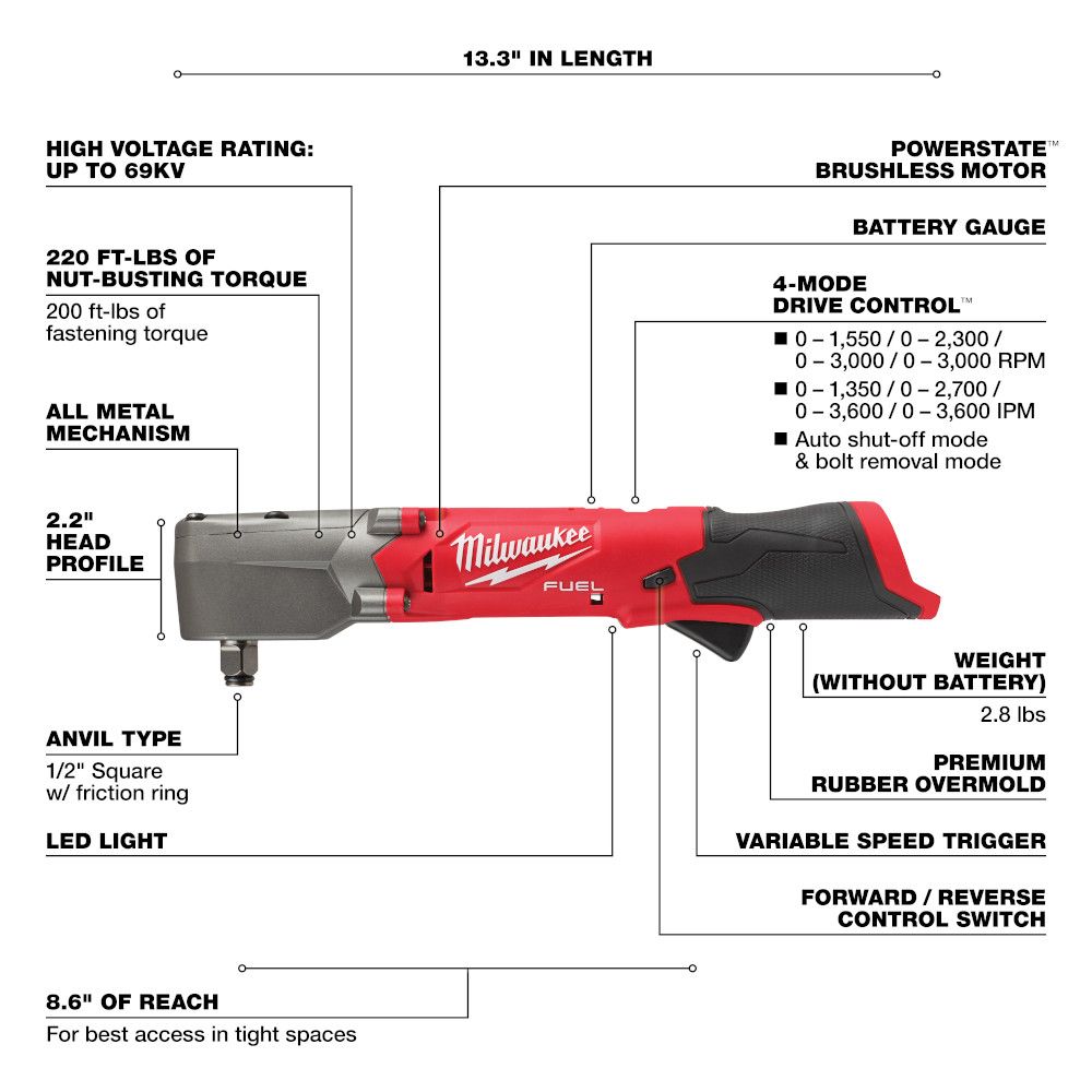 Milwaukee M12 FUEL 12 Volt Lithium-Ion Brushless Cordless 1/2 in. Right Angle Impact Wrench - Tool Only