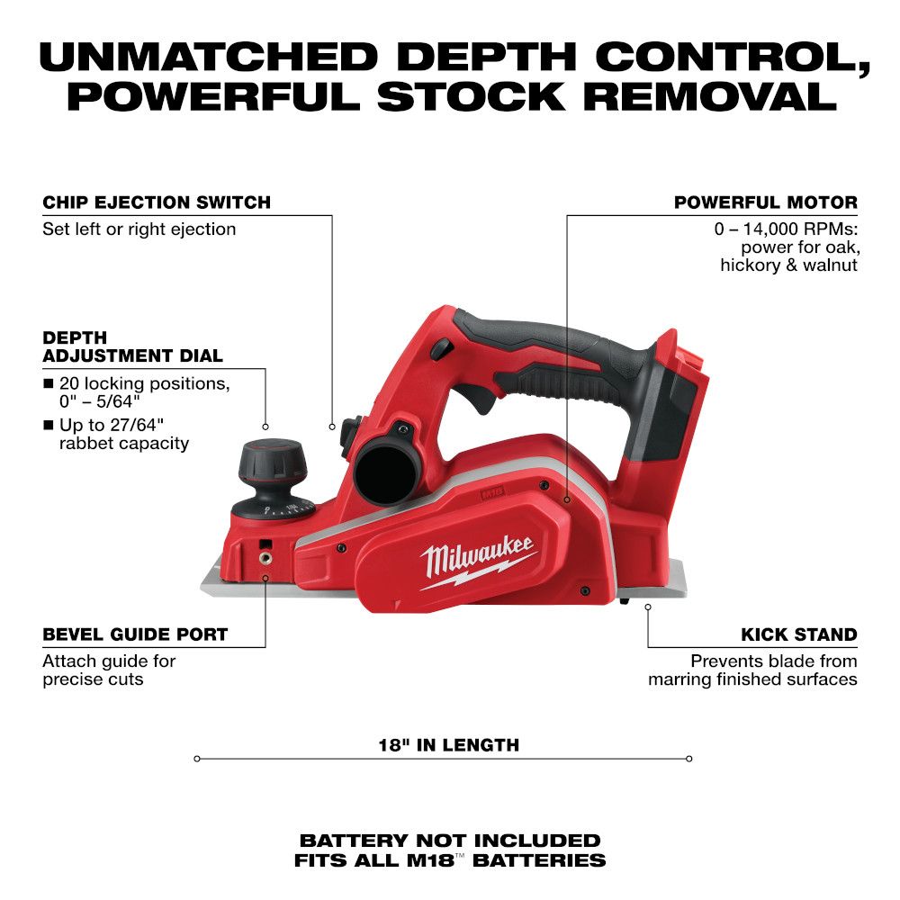 Milwaukee M18 18 Volt Lithium-Ion Cordless 3-1/4" Planer - Tool Only