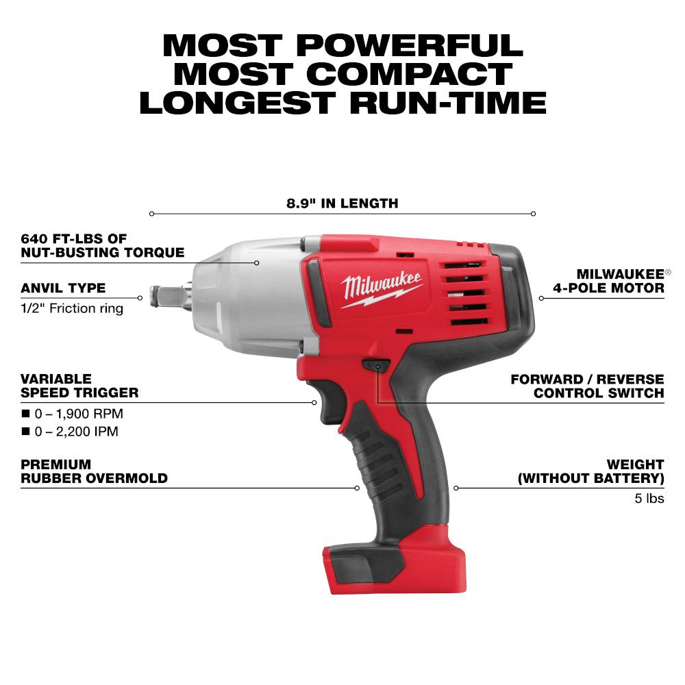 Milwaukee M18 18 Volt Lithium-Ion Cordless Cordless 1/2 in. High Torque Impact Wrench w/Friction Ring - Tool Only