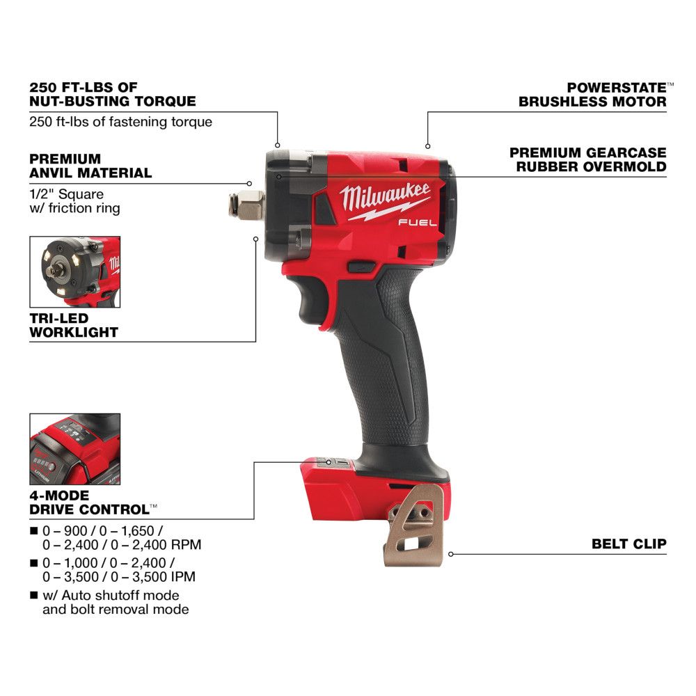 Milwaukee M18 FUEL 18V Lithium-Ion 1/2" Compact Brushless Cordless Wrench with Pin Detent - Tool Only