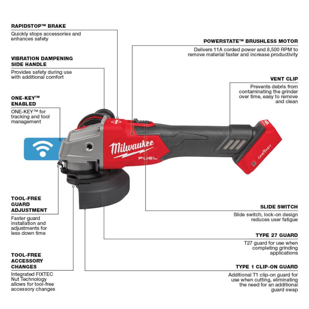 Milwaukee M18 FUEL 18 Volt Lithium-Ion Brushless Cordless ONE-KEY 4-1/2 in. / 5 in. Braking Grinder Slide Switch, Lock-O