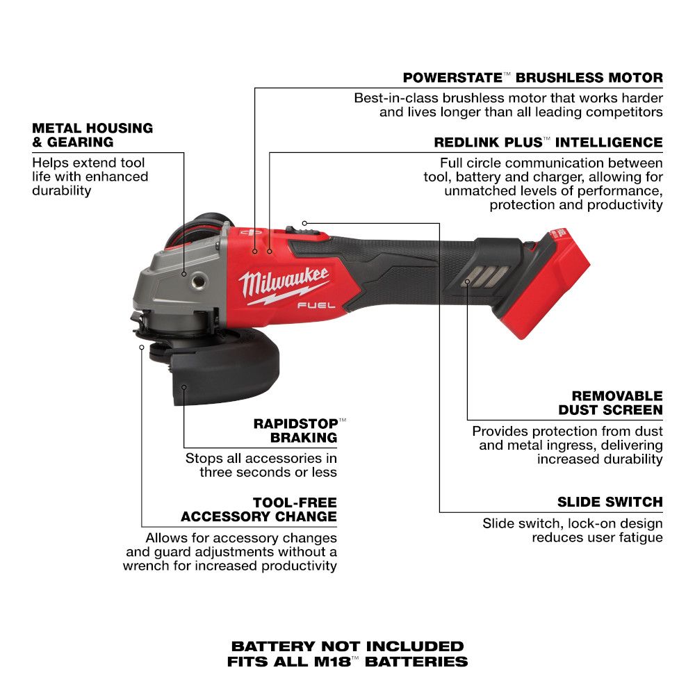 Milwaukee M18 FUEL 4-1/2" / 5" Variable Speed Braking Grinder, Slide Switch Lock-On