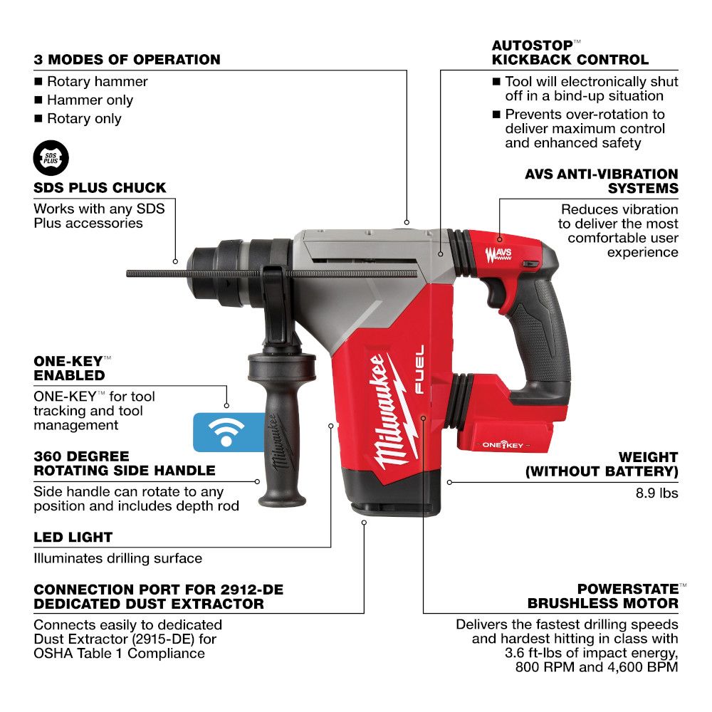 Milwaukee M18 FUEL 1-1/8" SDS-Plus Rotary Hammer with ONE-KEY (Tool Only)