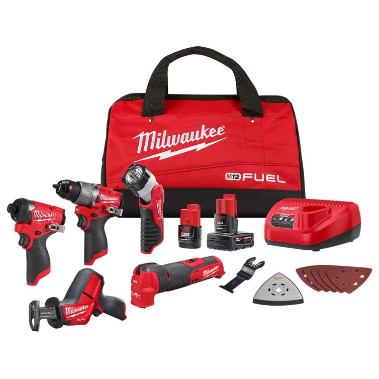 Milwaukee M12 FUEL Lithium-Ion Brushless Cordless Combo Kit (5-Tool) with 2 Batteries and Bag