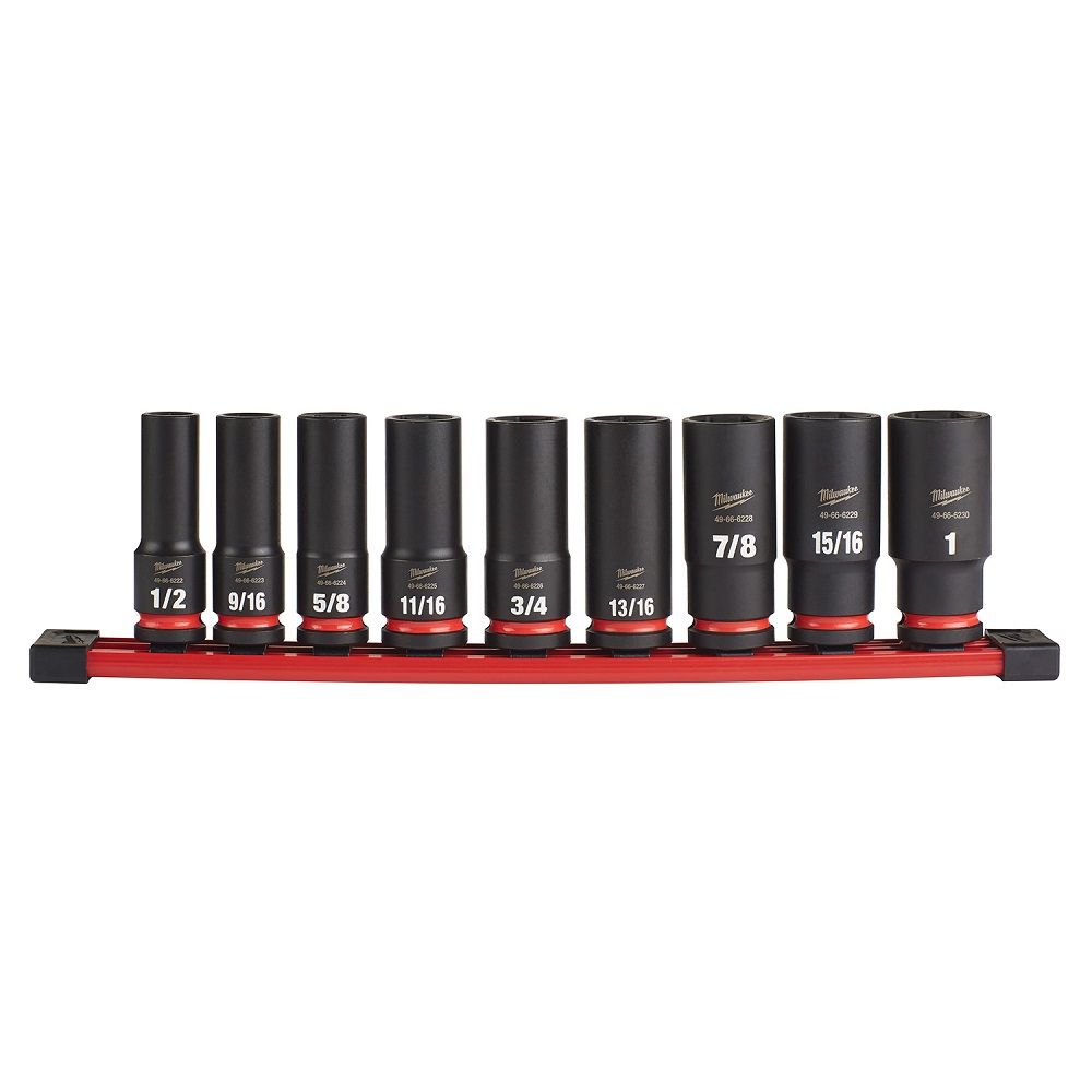 Milwaukee Shockwave 1/2" Drive 9 pc SAE Deep 6 Point Impact Socket Rail Set -