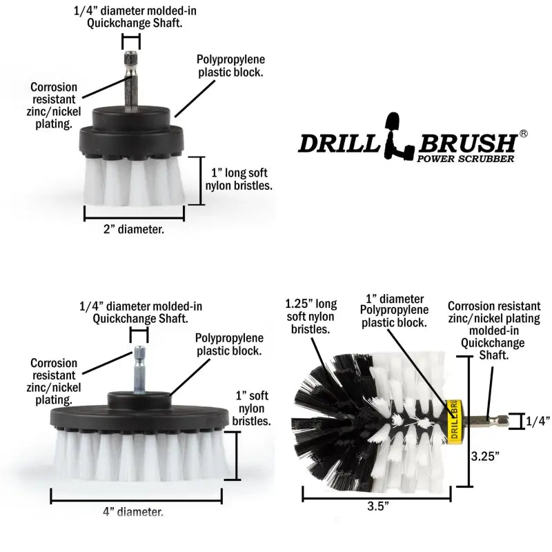 Drill Brush Accessory DRILL BRUSH KIT – WHITE (2″ROUND, 4″ FLAT, 4″ BULLET) ** DRILL NOT INCLUDED**