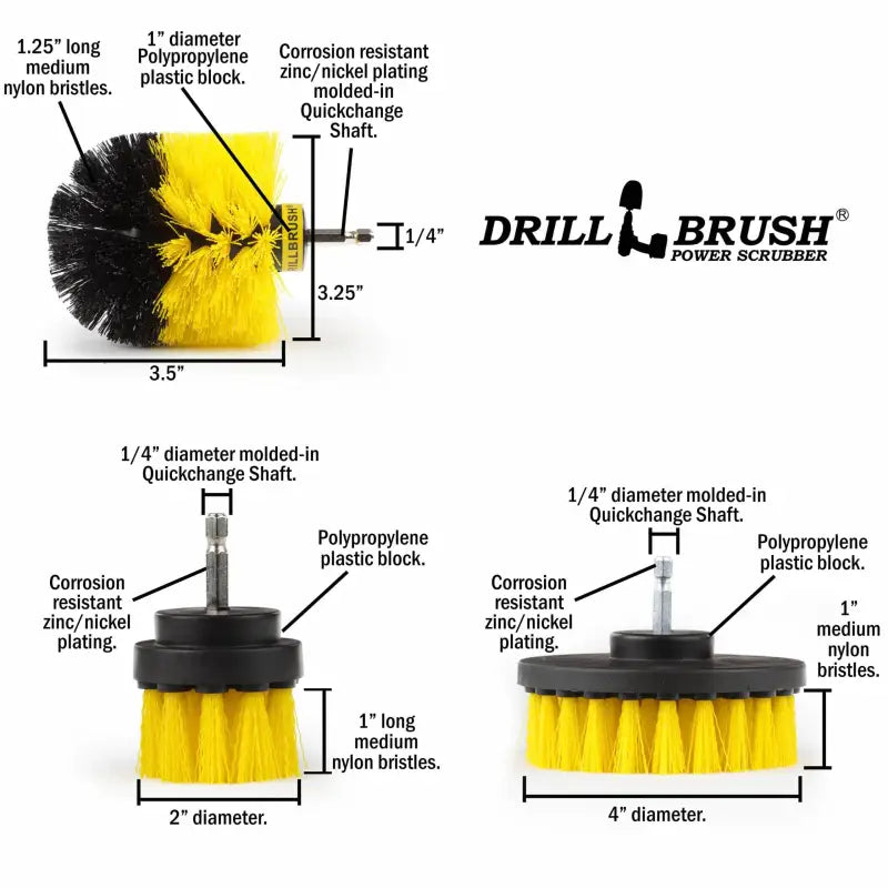 Drill Brush Accessory DRILL BRUSH KIT – YELLOW (2″ROUND, 4″ FLAT, 4″ BULLET) -** DRILL NOT INCLUDED**