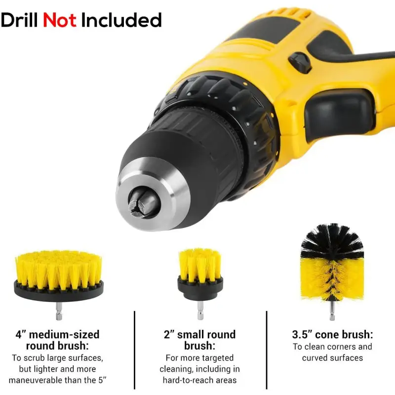 Drill Brush Accessory DRILL BRUSH KIT – YELLOW (2″ROUND, 4″ FLAT, 4″ BULLET) -** DRILL NOT INCLUDED**