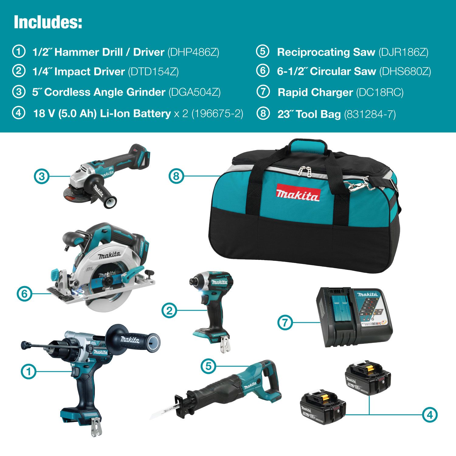 Makita 18V LXT Brushless 5 Tool Combo Kit, 5.0Ah x2