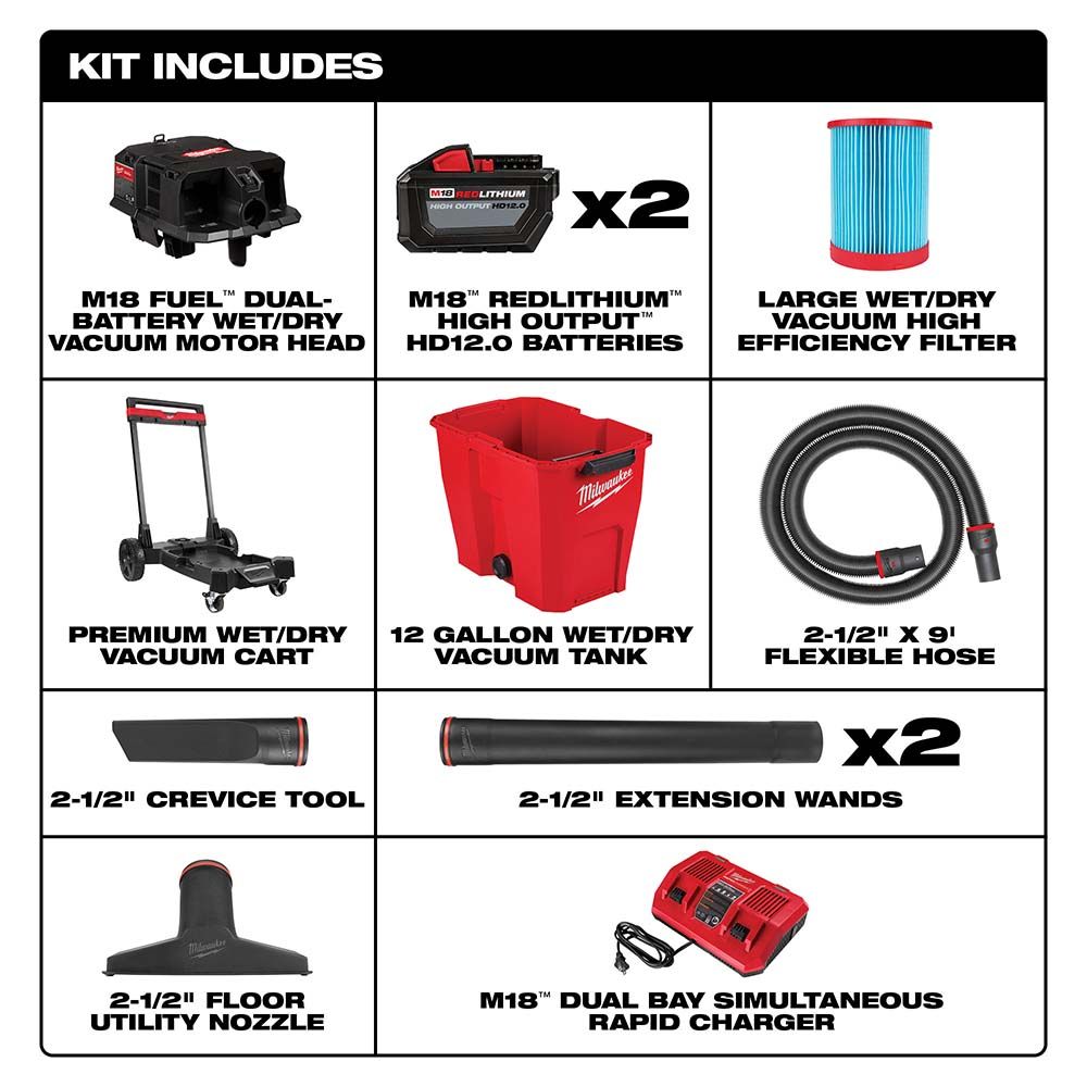 Milwaukee M18 FUEL 12 Gallon Dual-Battery Wet/Dry Vacuum Kit