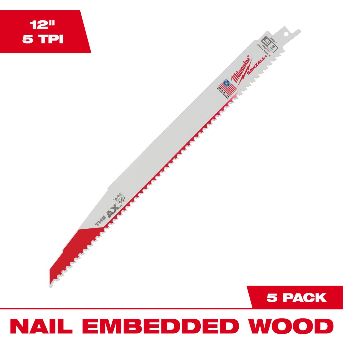 Milwaukee 12 in. 5 TPI The Ax SAWZALL Blade - 5 Pack