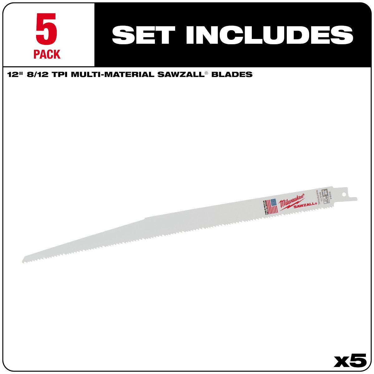 Milwaukee 12 in. 8/12 TPI SAWZALL Blades - 5 Pack