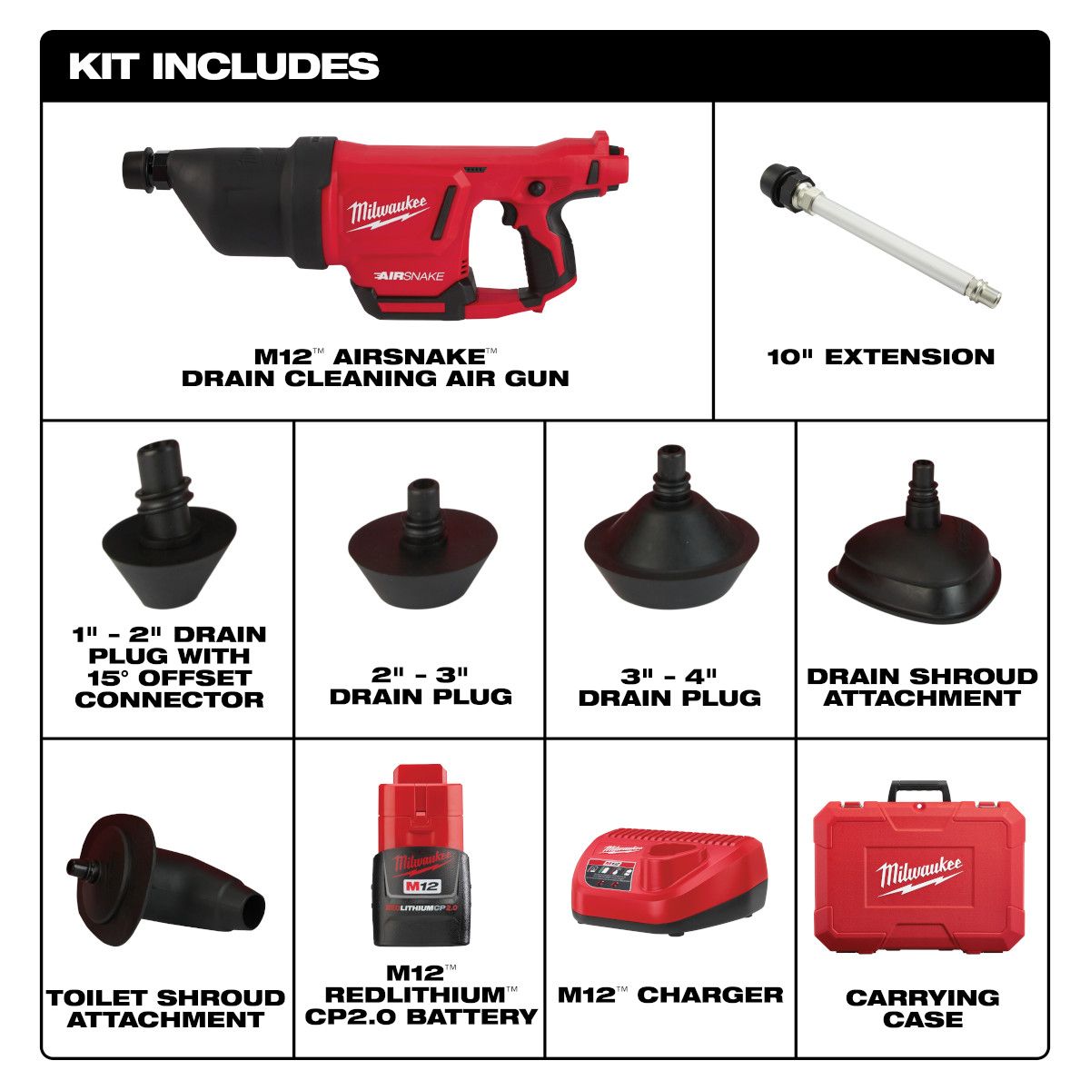 Milwaukee M12 12 Volt Lithium-Ion Cordless AIRSNAKE Drain Cleaning Air Gun Kit-B