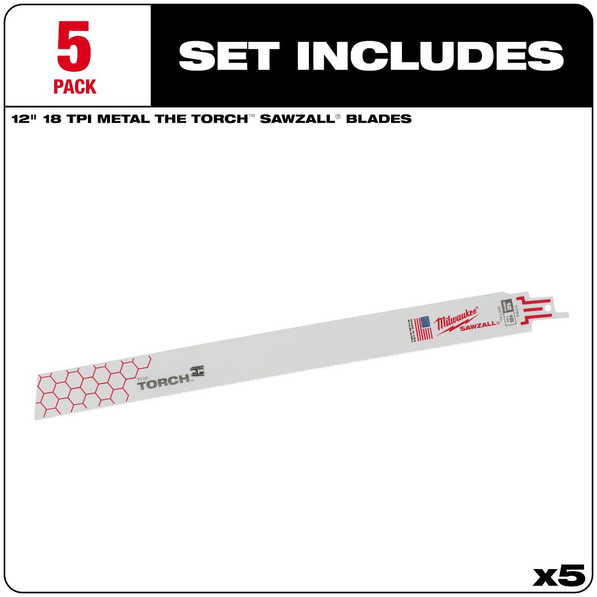 Milwaukee 12 in. 18 TPI THE TORCH SAWZALL Blade - 5 Pack