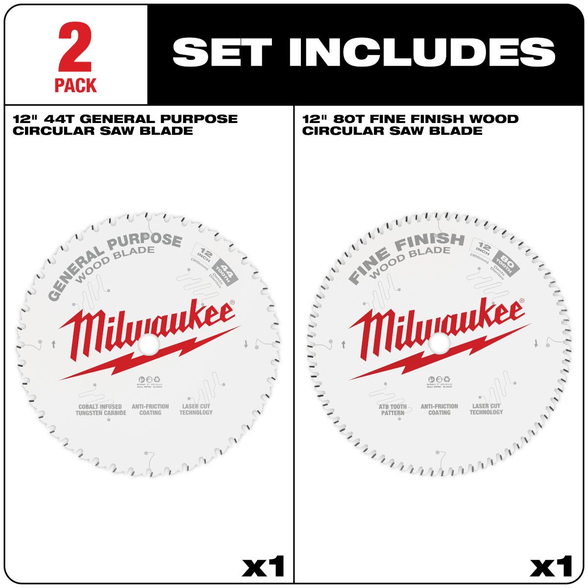 Milwaukee 12" 44T & 80T 2pk Circular Saw Blade Set