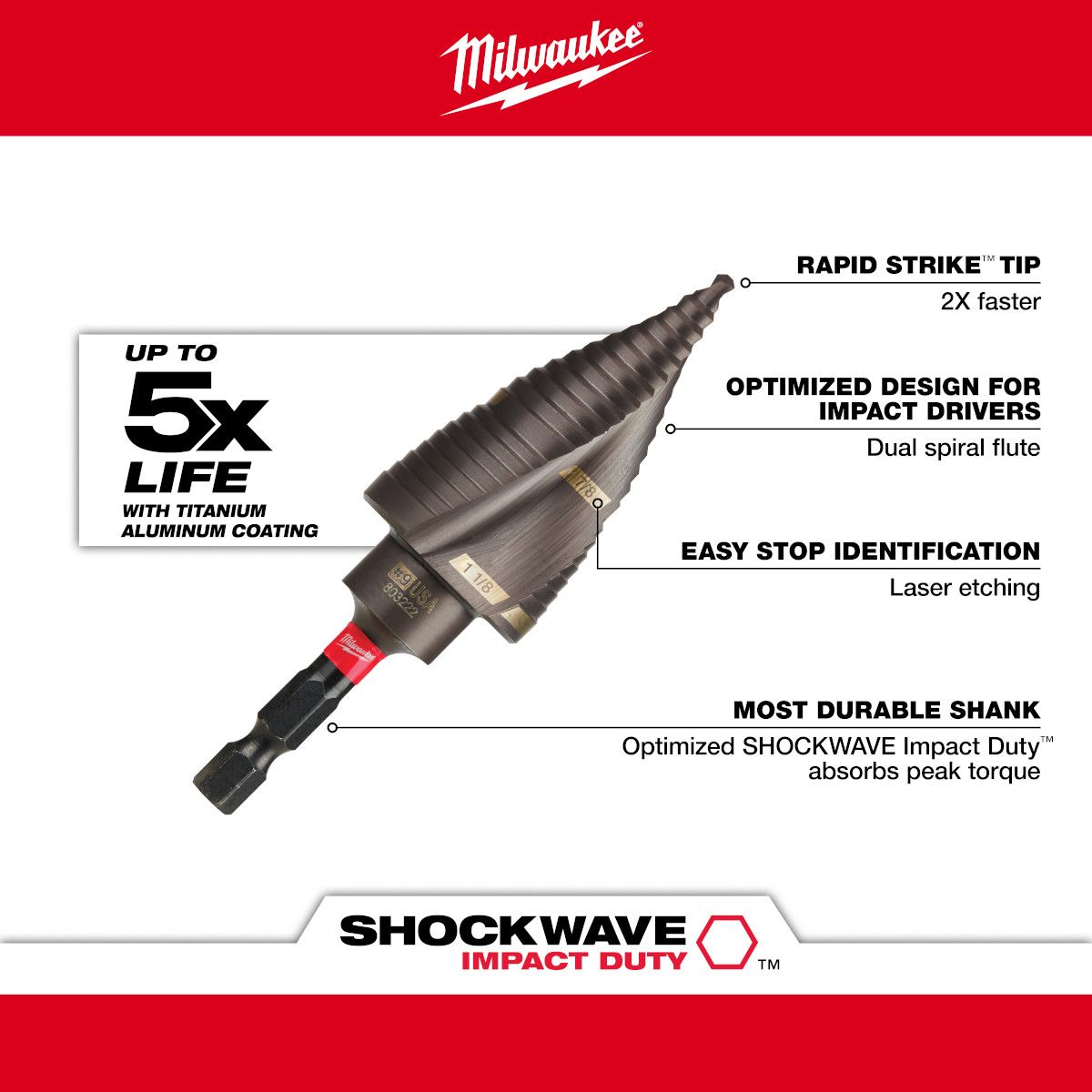 Milwaukee 7/8 in. & 1-1/8 in. #9 SHOCKWAVE Impact Duty Step Bit