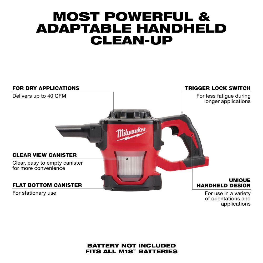 Milwaukee M18 18 Volt Lithium-Ion Cordless Compact Vacuum - Tool Only