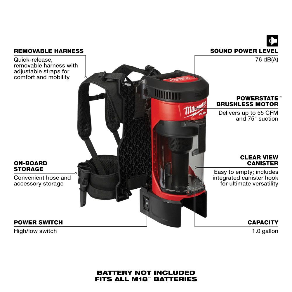 Milwaukee M18 FUEL 18 Volt Lithium-Ion Brushless Cordless 3-in-1 Backpack Vacuum - Tool Only