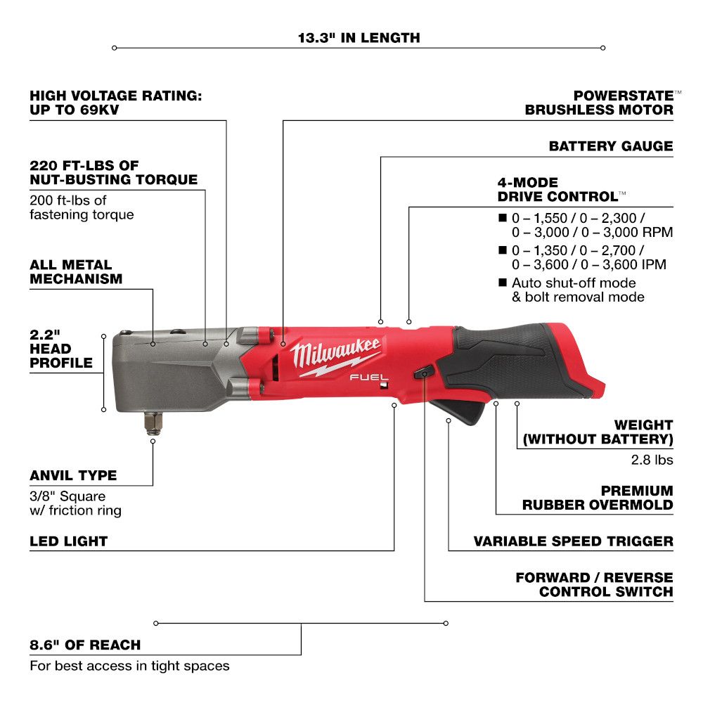 Milwaukee M12 FUEL 12 Volt Lithium-Ion Brushless Cordless 3/8 in. Right Angle Impact Wrench - Tool Only