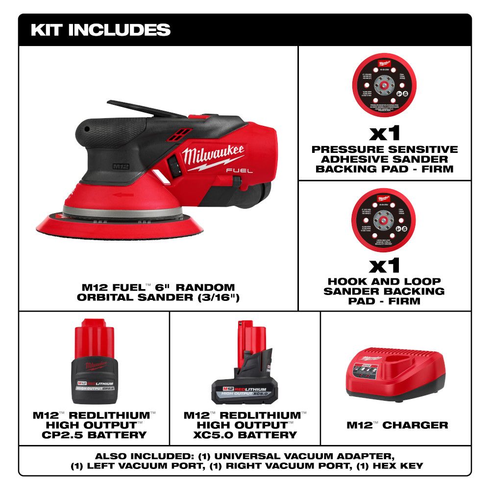 Milwaukee M12 FUEL 6" Random Aggressive Orbit 3/16" Sander - Kit