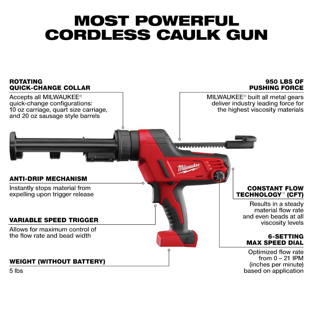 Milwaukee M18 18 Volt Lithium-Ion Cordless Cordless 10 oz Caulk Gun and Adhesive - Tool Only