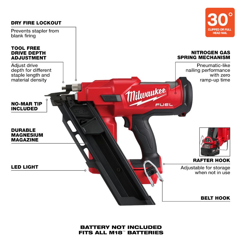 Milwaukee M18 FUEL 18 Volt Lithium-Ion Brushless Cordless 30 Degree Framing Nailer - Tool Only