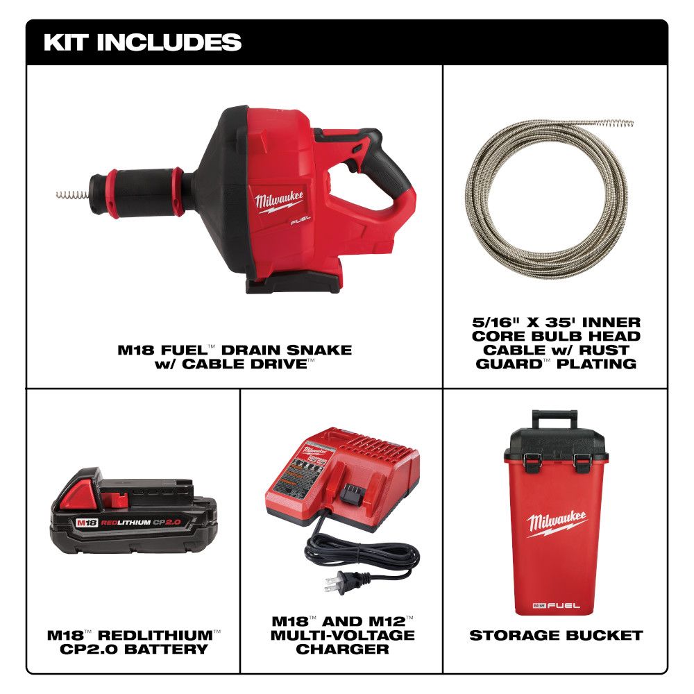 Milwaukee M18 FUEL Drain Snake Kit with CABLE DRIVE & 5/16" Cable