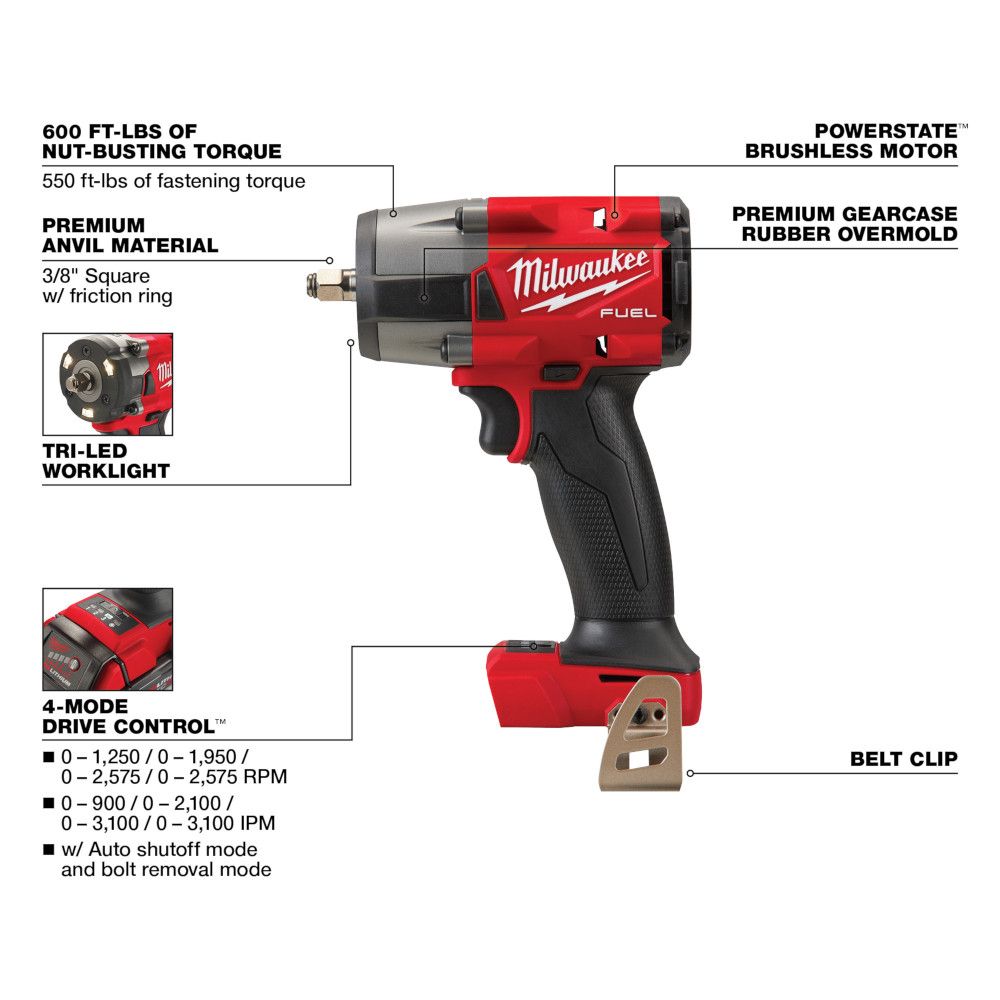 Milwaukee M18 FUEL 18 Volt Lithium-Ion Brushless Cordless 3/8" Mid-Torque Impact Wrench with Friction Ring - Tool Only
