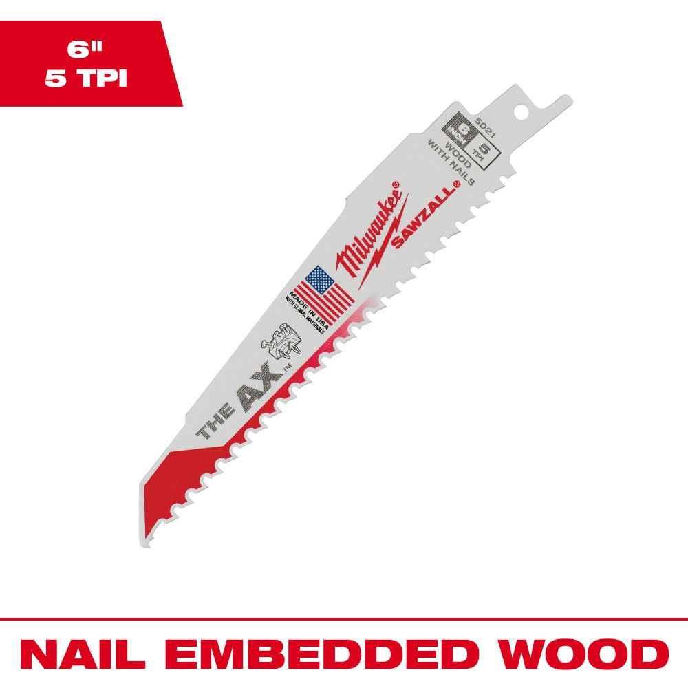 Milwaukee 6" x 5TPI Sawzall The AXTM Nail Embedded Wood Blades