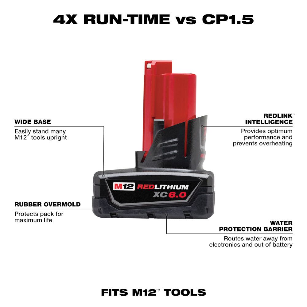 Milwaukee M12 REDLITHIUM XC 6.0Ah Extended Capacity Battery Pack