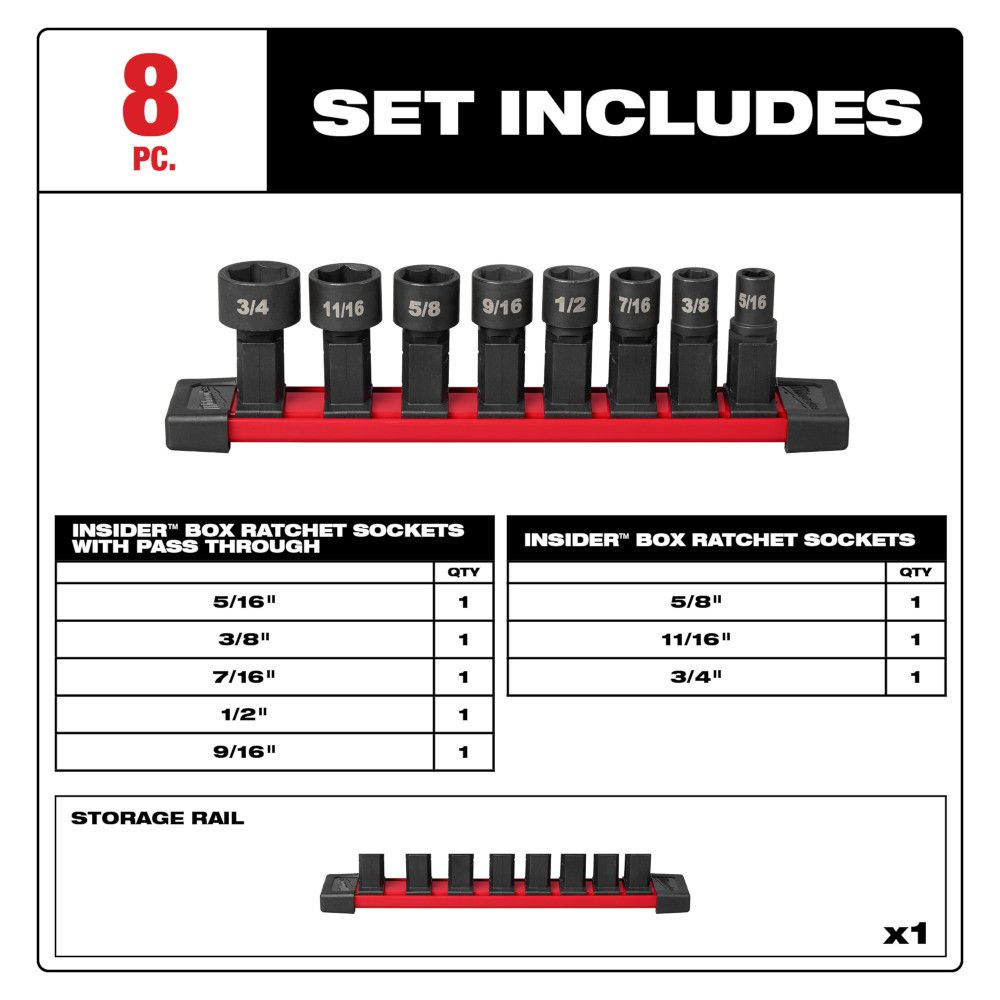 Milwaukee INSIDER Box Ratchet Socket SAE Set 8pc