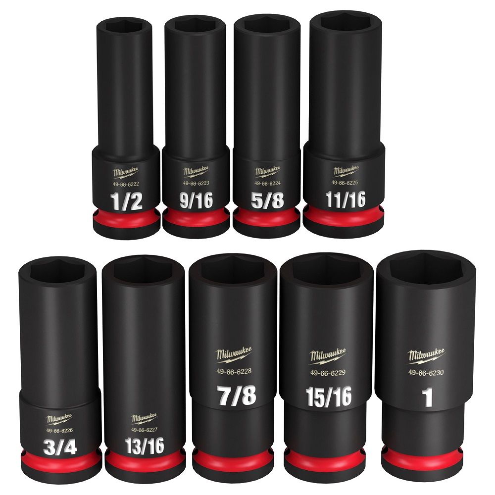 Milwaukee Shockwave 1/2" Drive 9 pc SAE Deep 6 Point Impact Socket Rail Set -