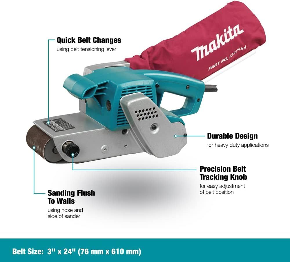 Makita 3" x 24" 7.8-Amp Heavy Duty Belt Sander with 80G Abrasive Belt and Dust Bag