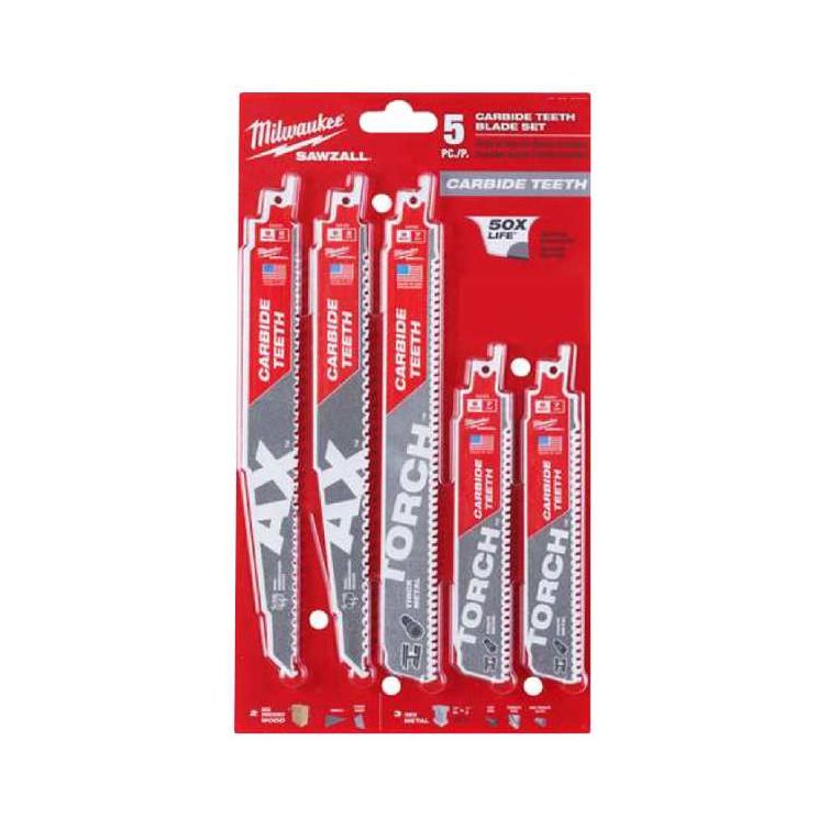 Milwaukee SAWZALL Carbide Demolition Wood and Metal Cutting Reciprocating Saw Blade Set - 5 Piece