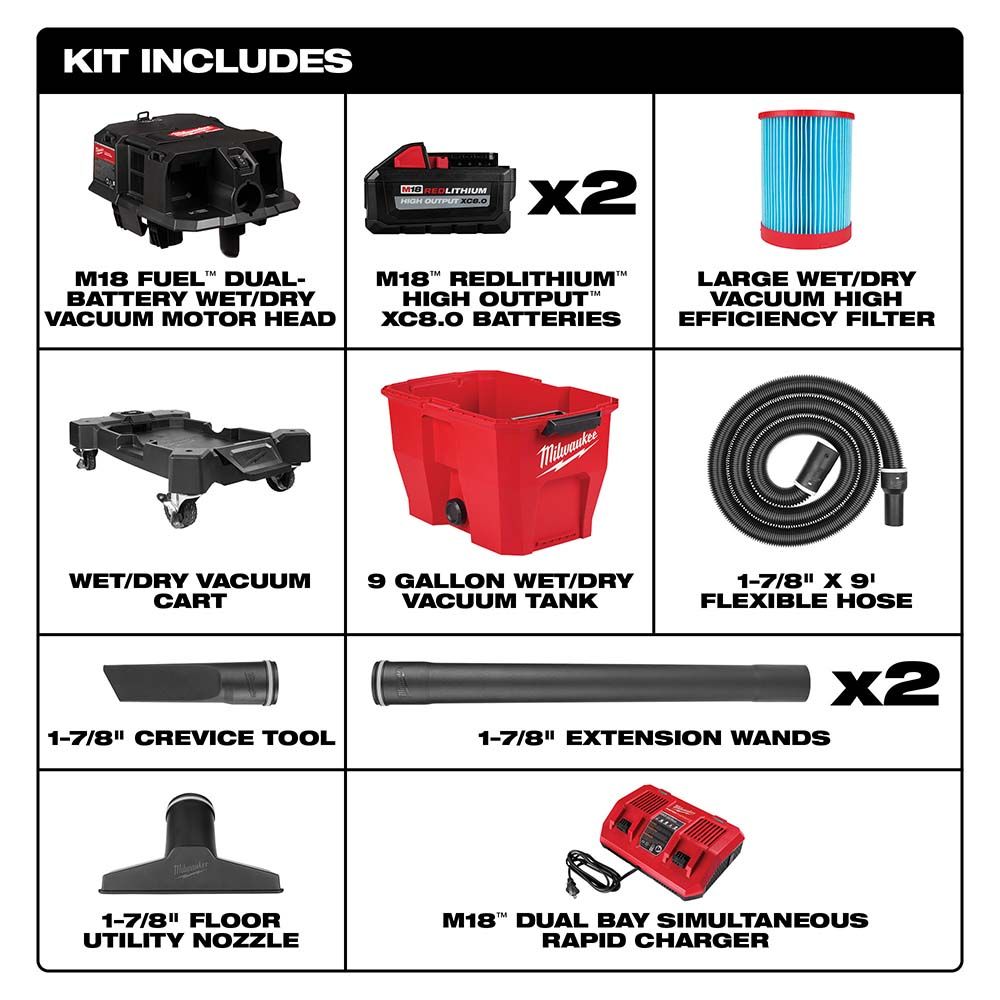 Milwaukee M18 FUEL 9 Gallon Dual-Battery Wet/Dry Vacuum Kit