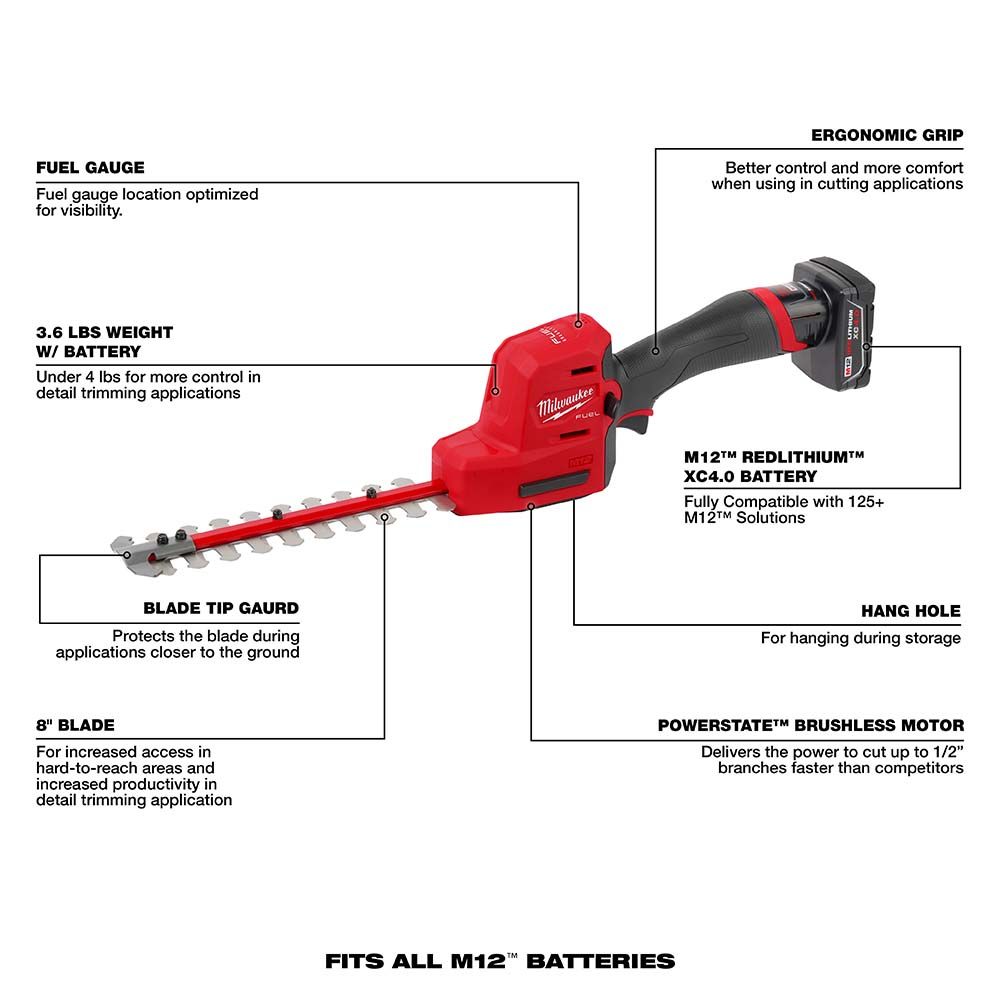 Milwaukee M12 FUEL 8" Compact Hedge Trimmer Kit