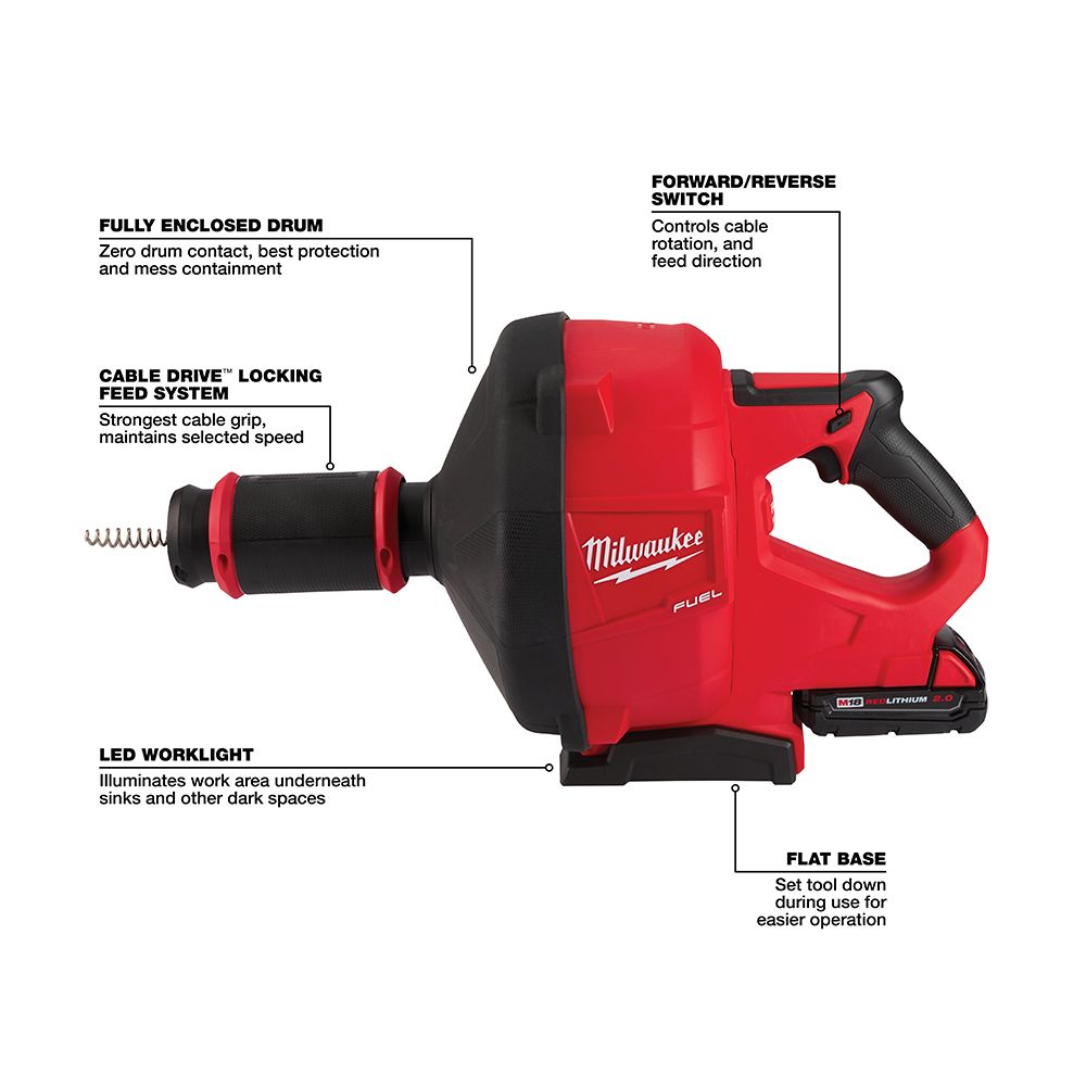 Milwaukee M18 FUEL Drain Snake Kit with CABLE DRIVE & 5/16" Cable