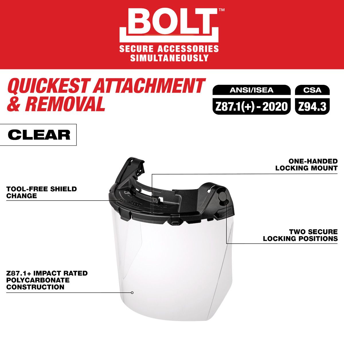 Milwaukee 48-73-1460 Bolt Task Full Face Shield - Clear Uncoated Lens