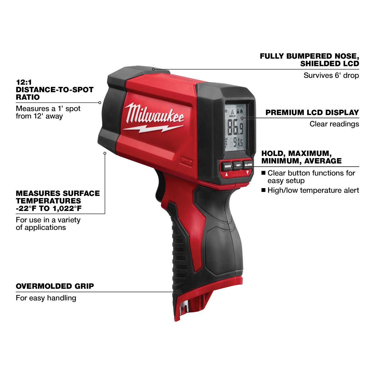 Milwaukee M12 12 Volt Lithium-Ion Cordless 12:1 Infrared Temp-Gun - Tool Only