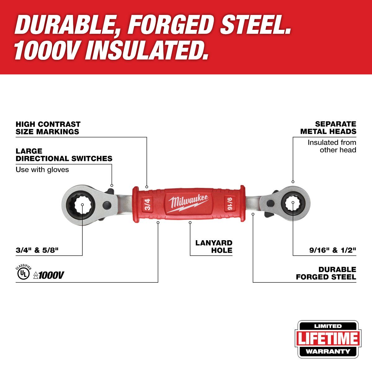 Milwaukee Lineman’s 4-in-1 Insulated Ratcheting Box Wrench
