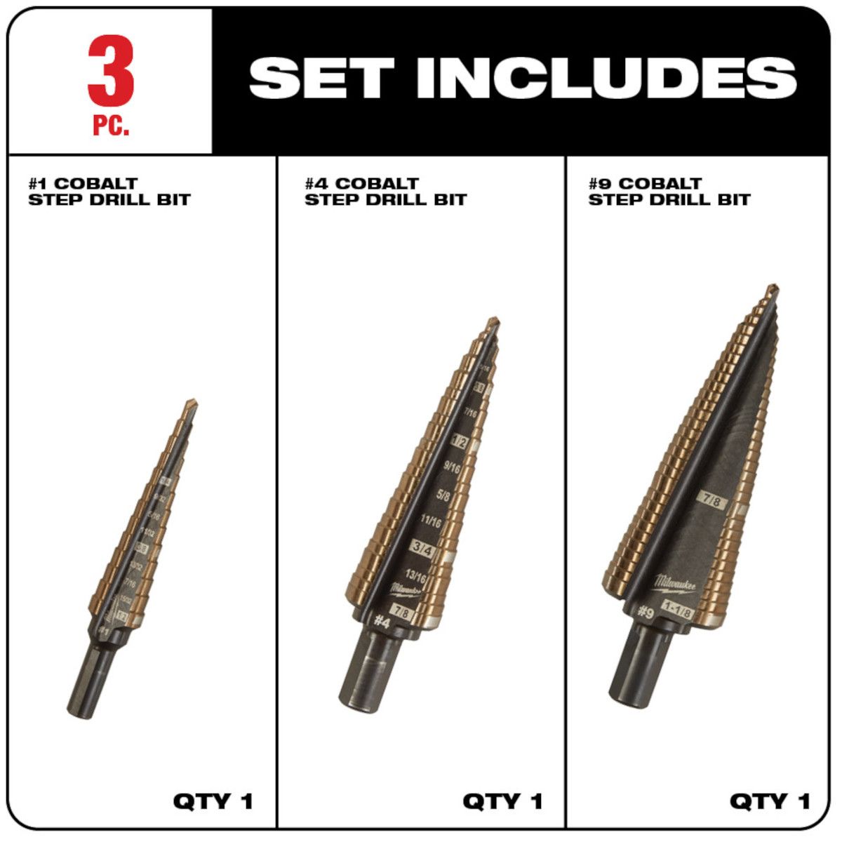Milwaukee 3PC Cobalt Step Drill Set (#1, #4, #9)