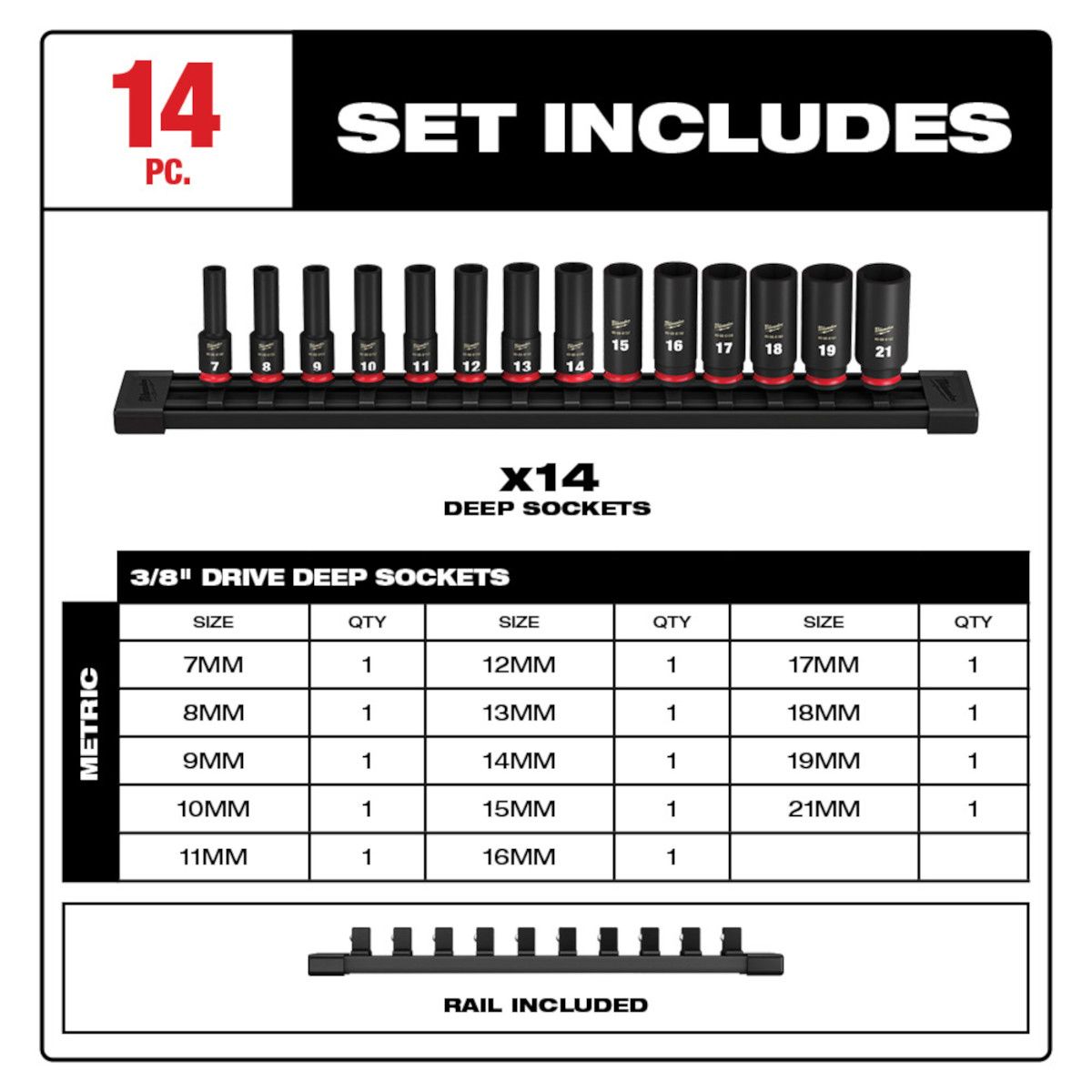Milwaukee 14pc SHOCKWAVE Impact Duty 3/8" Drive Metric Deep 6 Point Socket Set