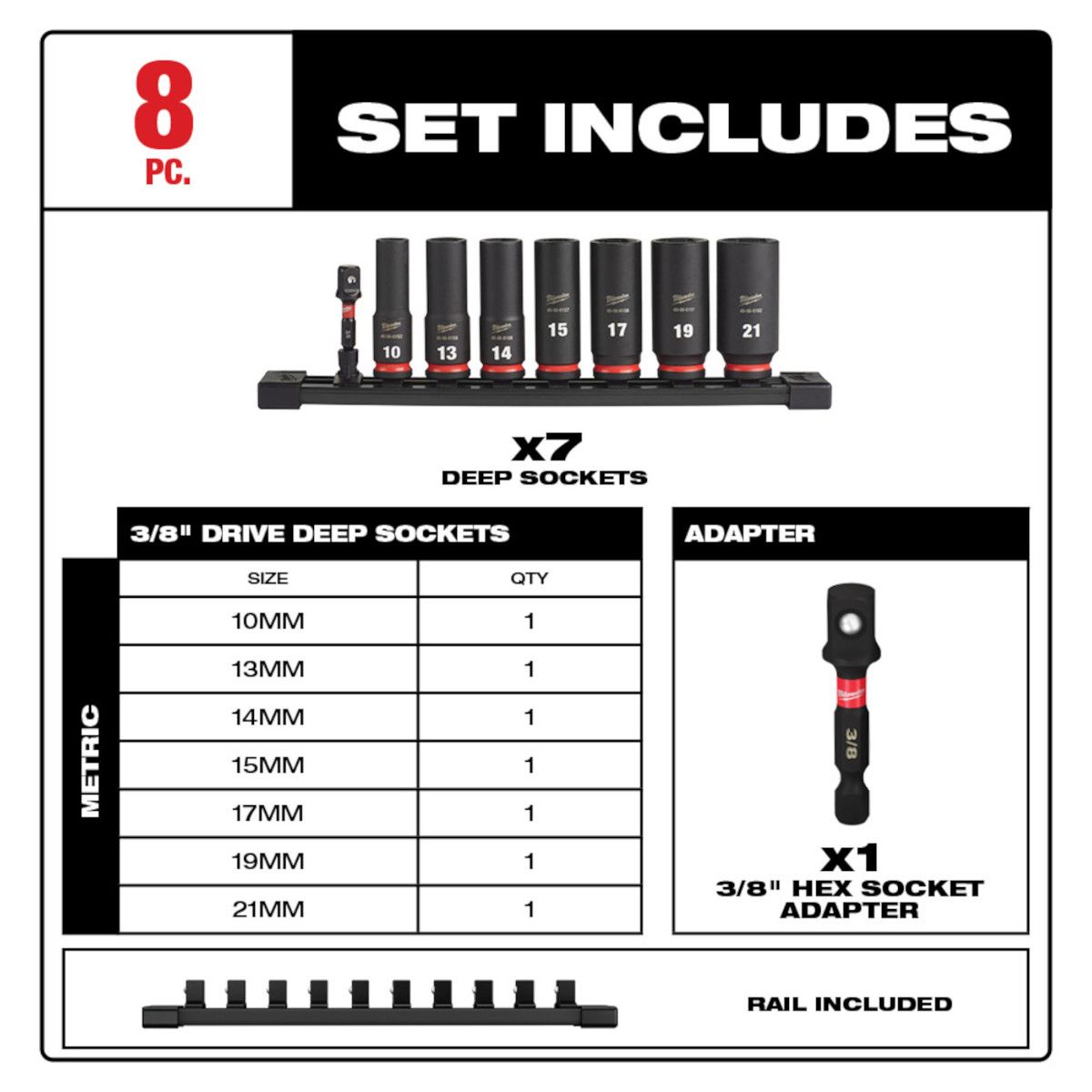Milwaukee 8pc SHOCKWAVE Impact Duty 3/8" Drive Metric Deep 6 Point Socket Set